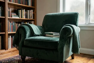 Fauteuil de lecture en velours vert émeraude près d'une bibliothèque en bois avec couverture en laine et pile de livres