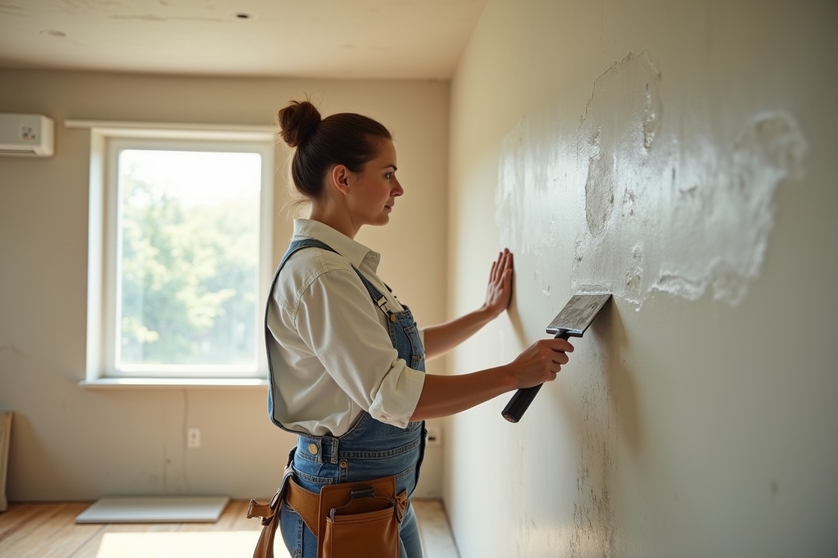 Femme appliquant du plâtre sur un mur dans une pièce rénovée