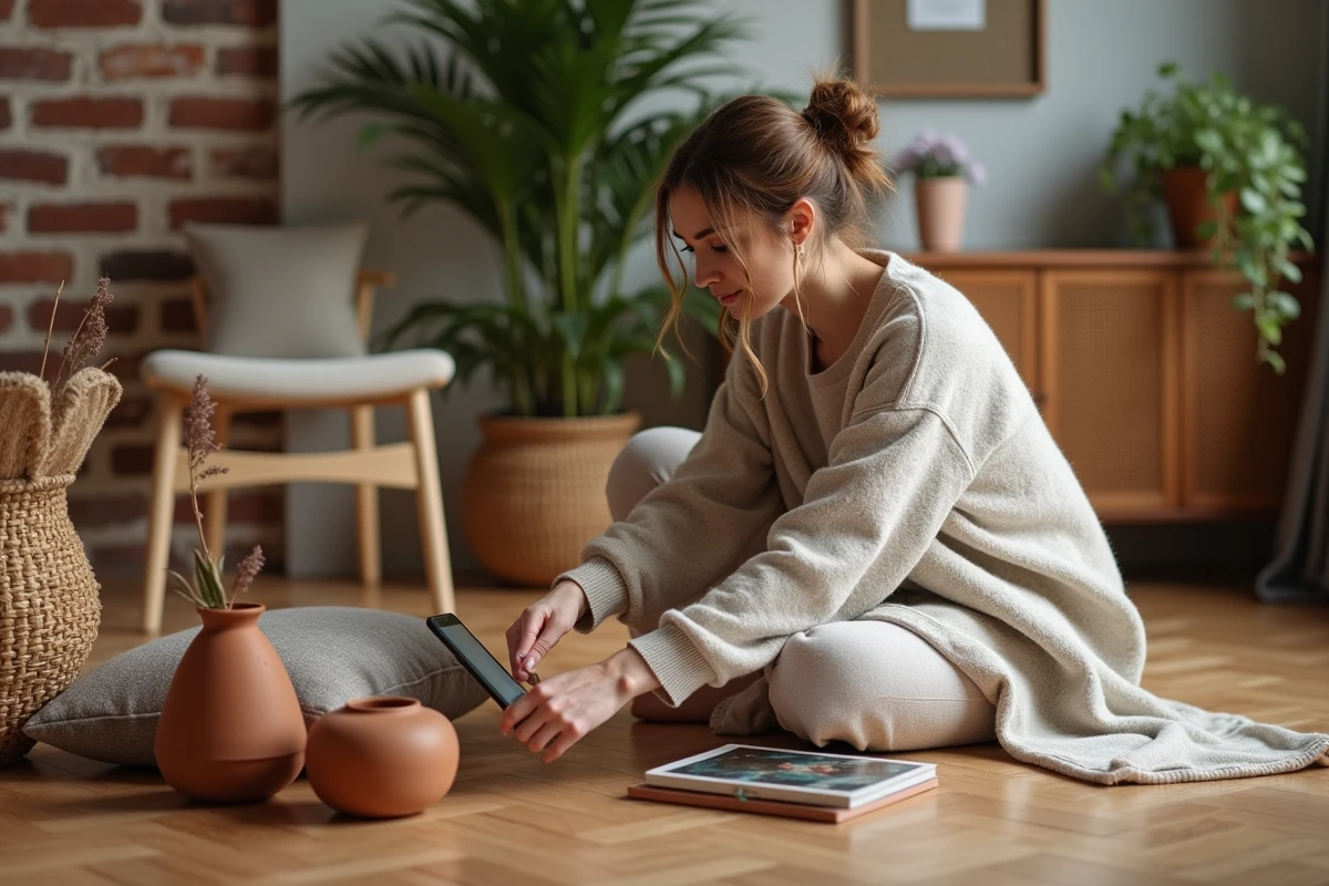Jeune femme arrangeant des objets décoratifs au sol en consultant des recommandations de style sur son smartphone dans un appartement cosy