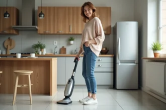 Femme utilisant un aspirateur vapeur dans une cuisine moderne