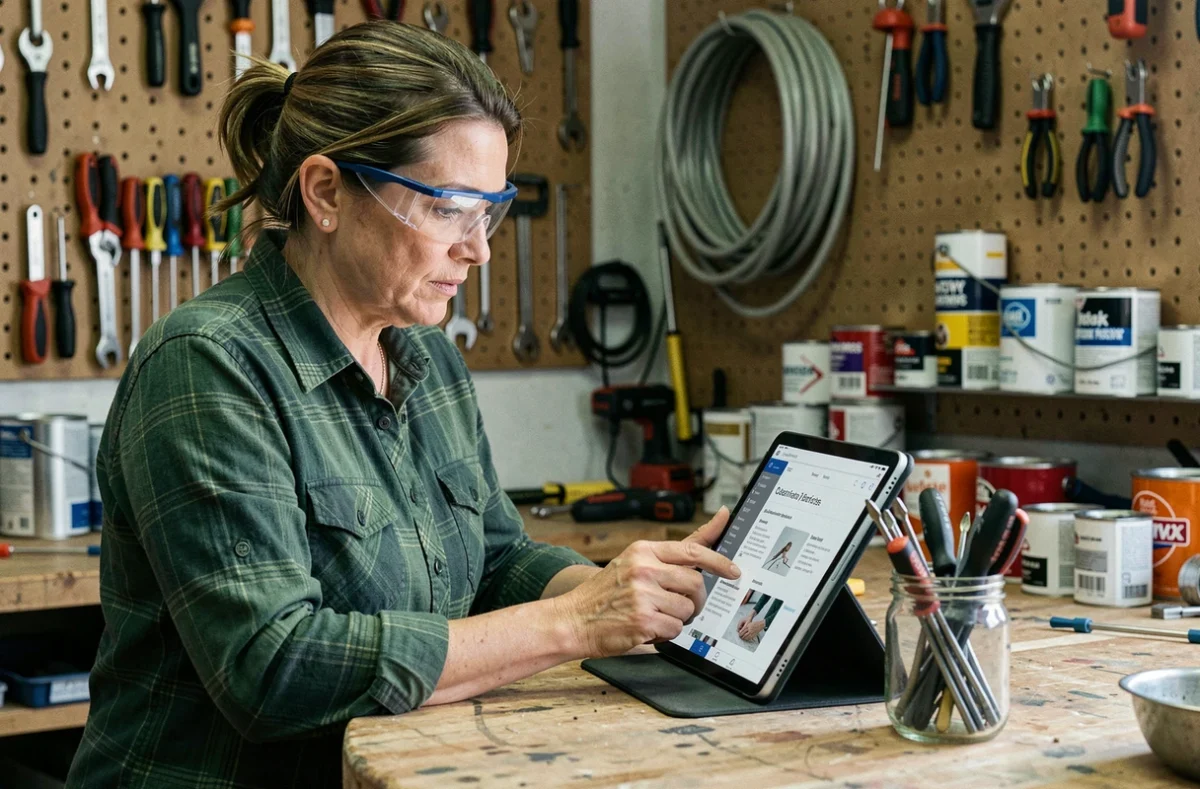 Femme bricolant dans un atelier de garage en consultant un tutoriel DIY sur tablette pour un projet économique