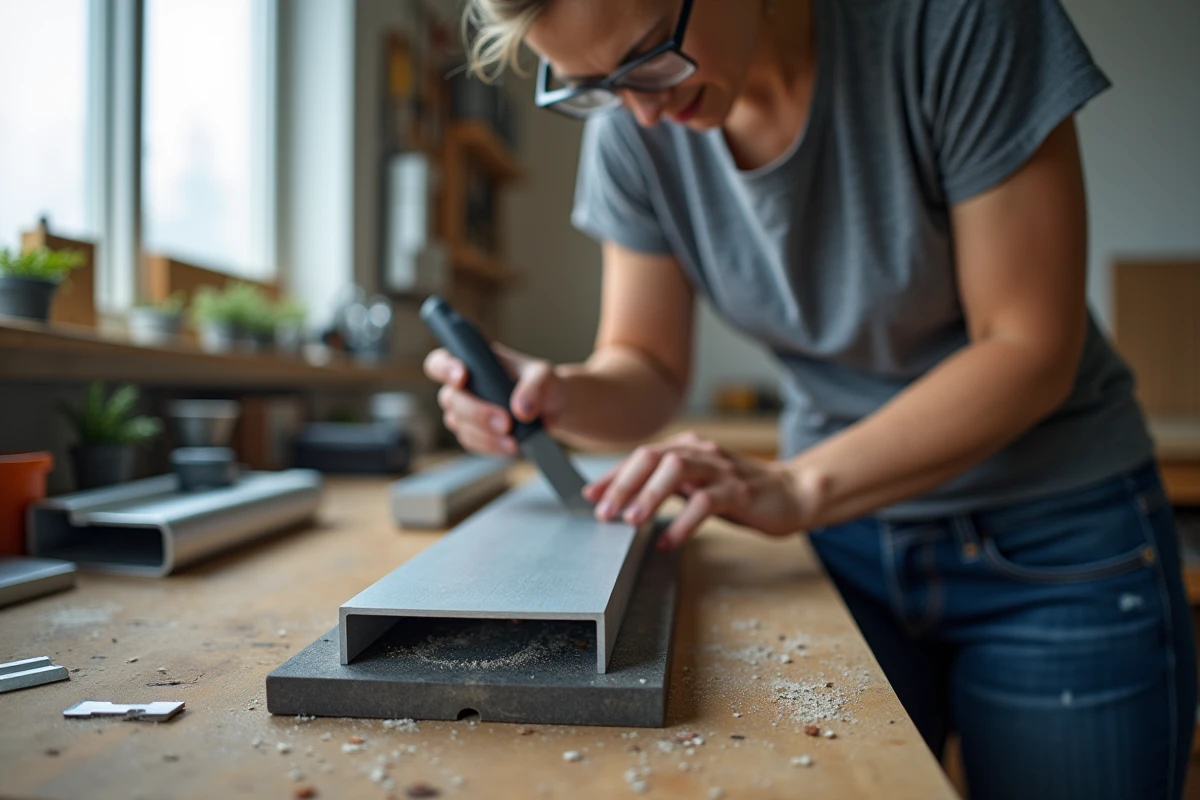 Femme bricolant un tube aluminium rectangulaire 6060 fixé dans un étau, lissant les bords coupés avec une lime métallique