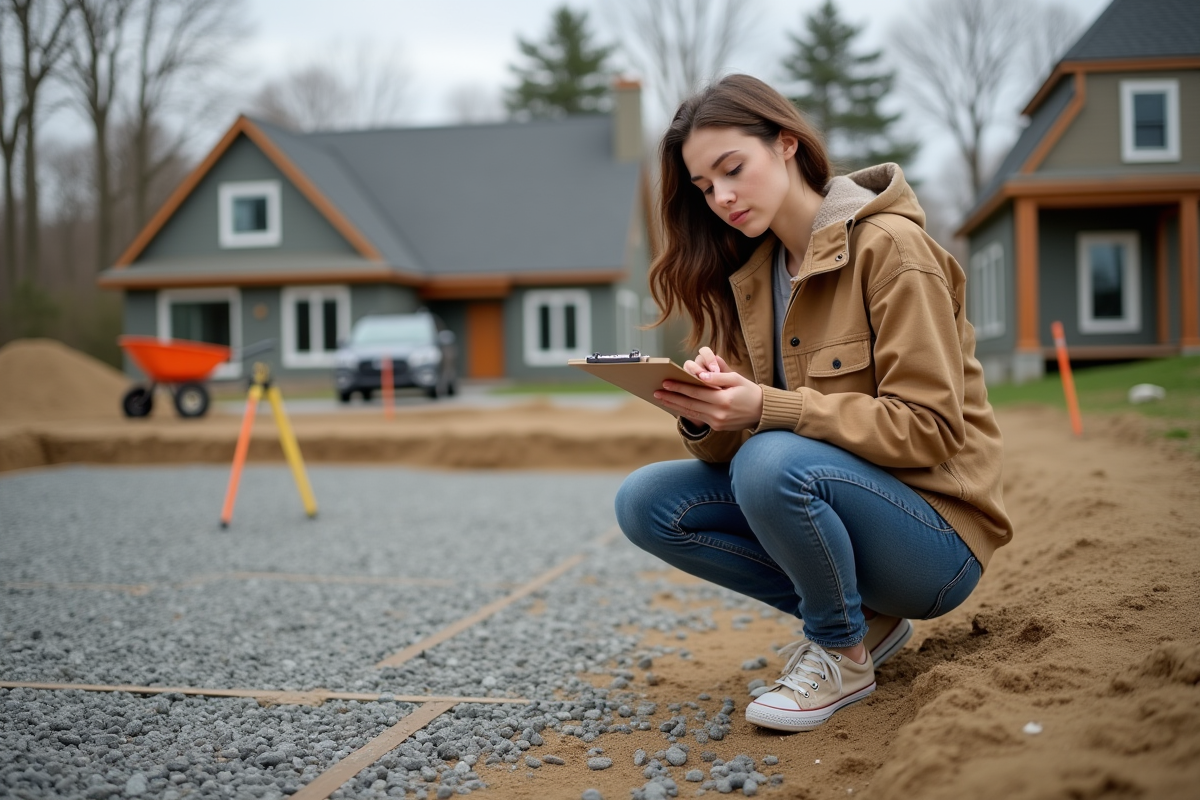 Jeune femme calculant les besoins en gravier sur un chantier
