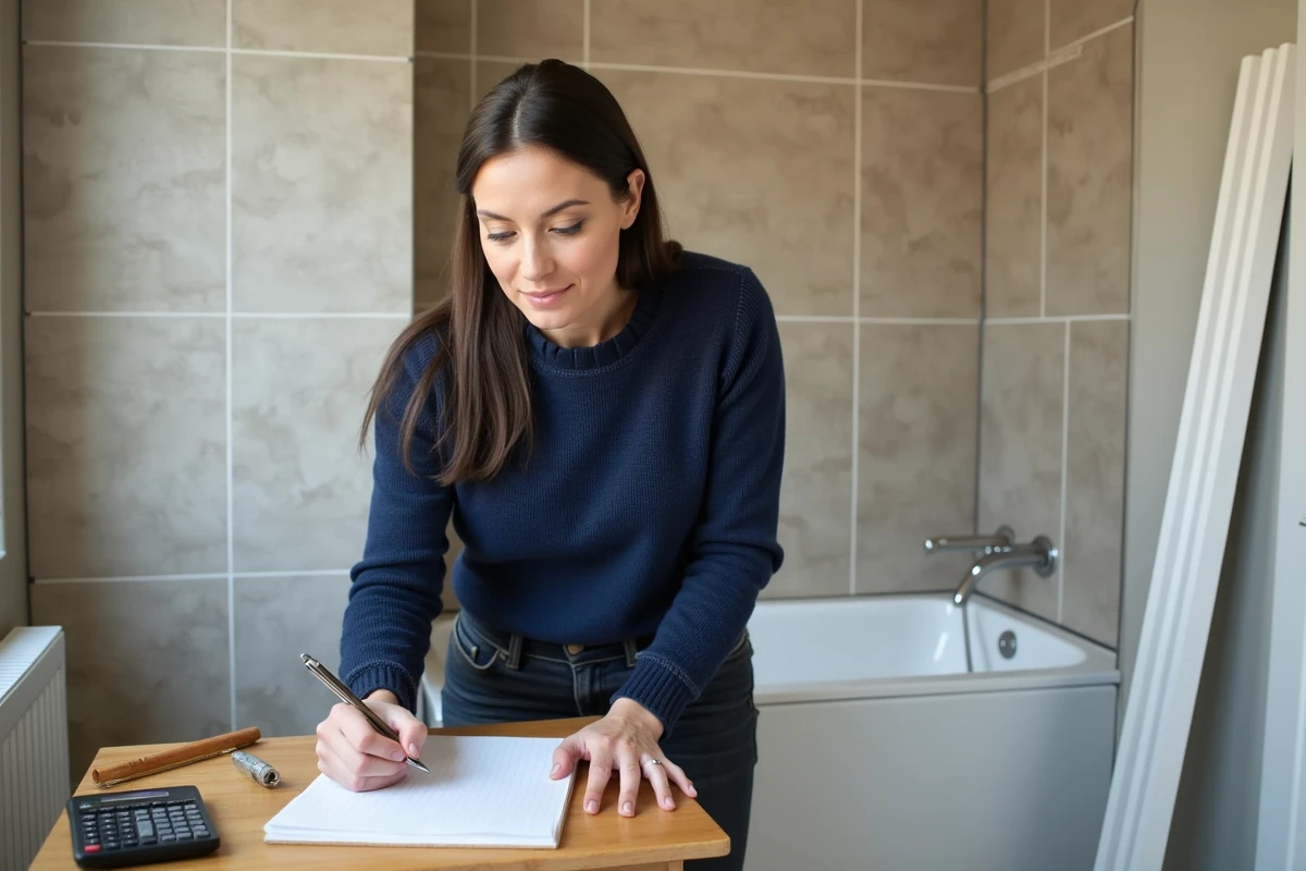 Femme calculant le nombre de plaques PVC nécessaires pour habiller les murs d'une salle de bain