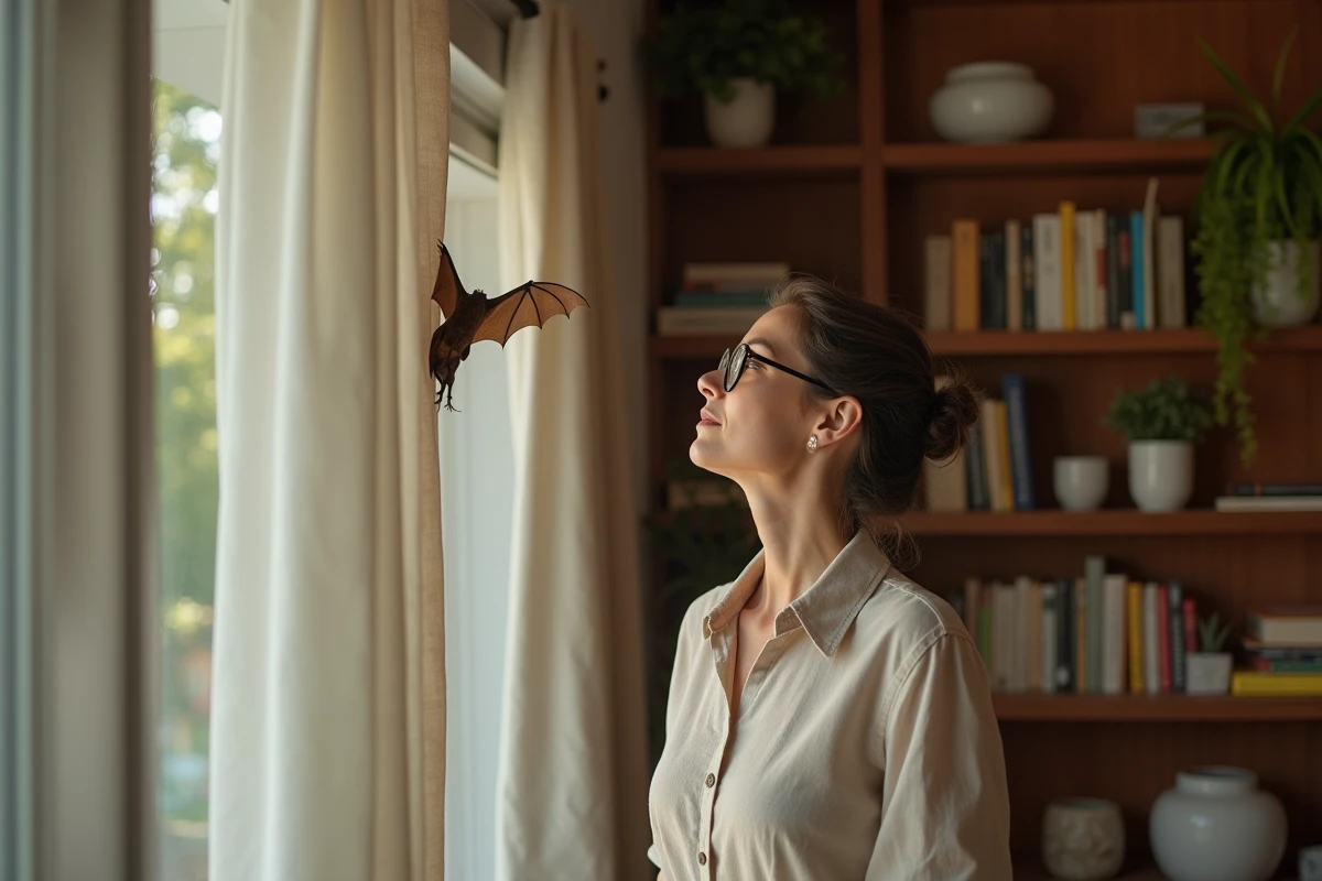 Femme observant une chauve-souris dans son salon, questionnement sur la signification spirituelle de sa présence
