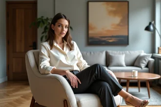 Femme élégante assise dans un salon moderne et chic