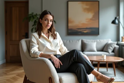 Femme élégante assise dans un salon moderne et chic