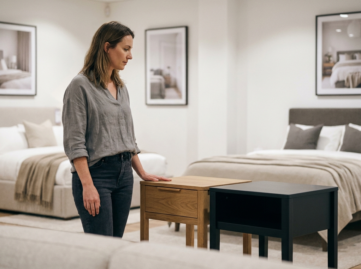 Femme comparant deux tables de nuit compactes dans un showroom de meubles, une avec tiroir et une avec étagère ouverte