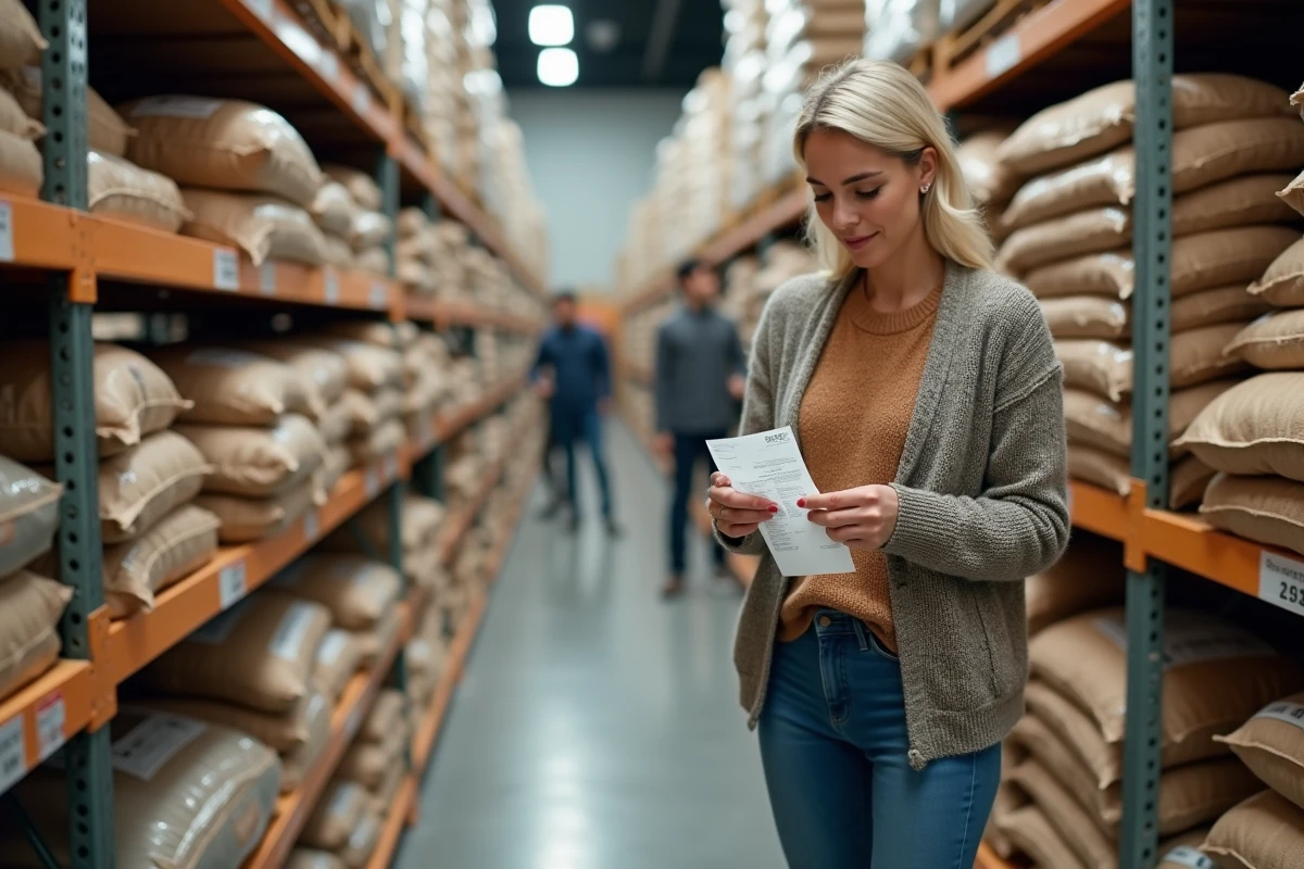 Femme vérifiant les prix des sacs de pellets en magasin