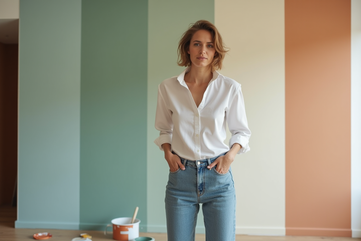 Femme élégante devant un mur peint à la main avec rayures vertes et terracotta