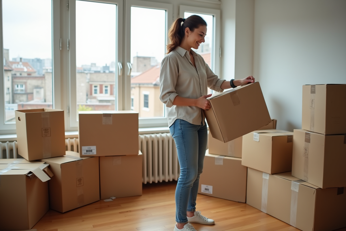 Femme souriante en train de fermer une boîte de déménagement dans un appartement lumineux