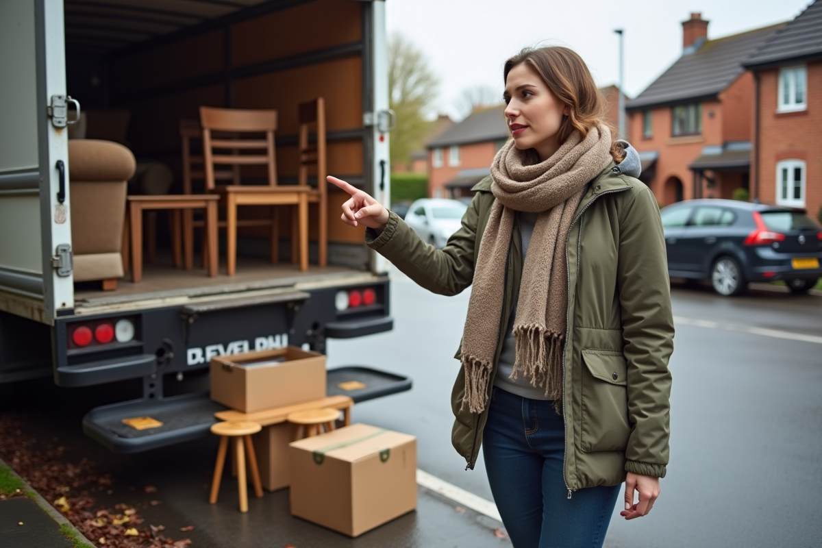 Jeune femme devant un camion de déménagement avec des meubles