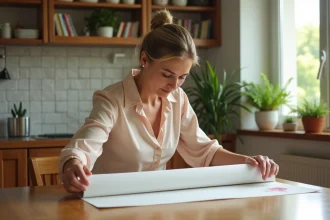 Femme d'âge moyen ajustant une nappe en vinyle dans une cuisine lumineuse