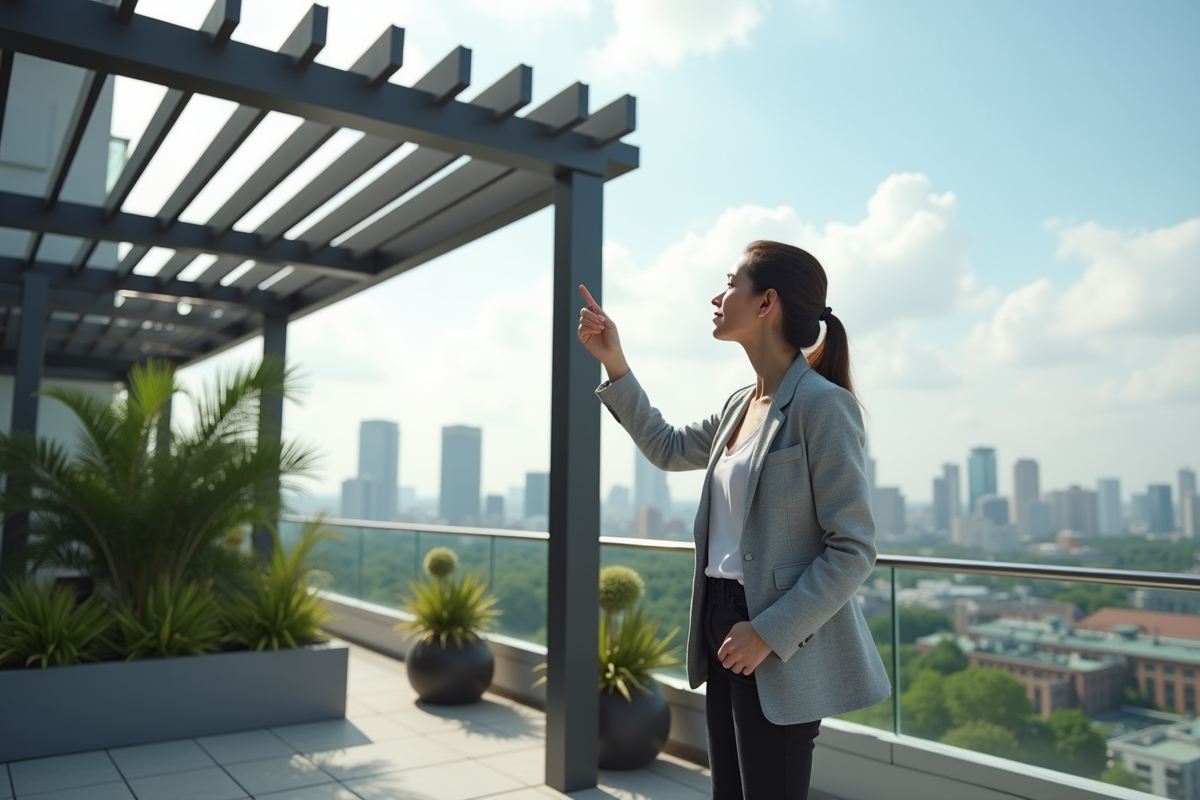 Femme pointant vers une pergola en aluminium sur un toit urbain
