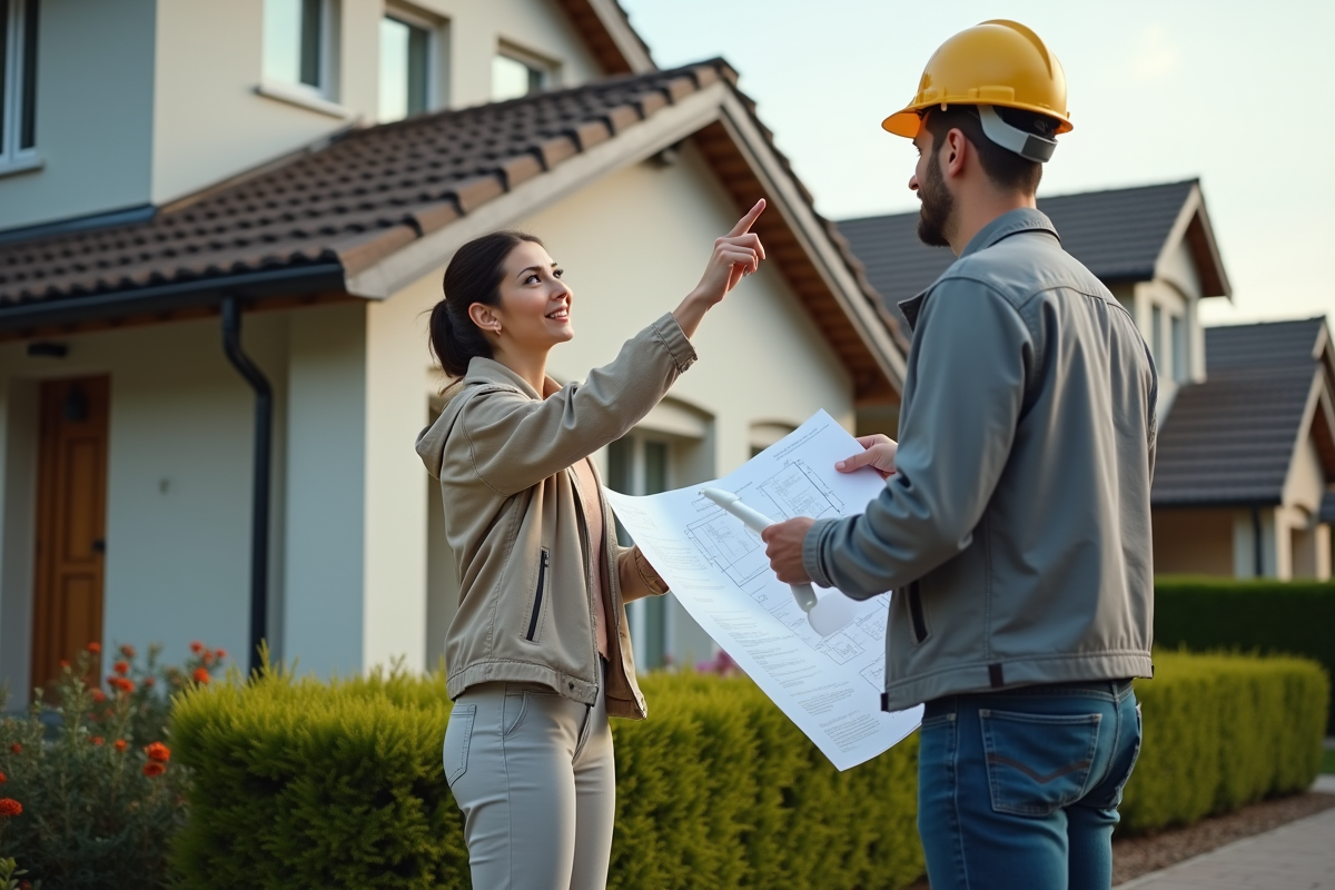 Jeune femme pointant vers le toit avec un entrepreneur
