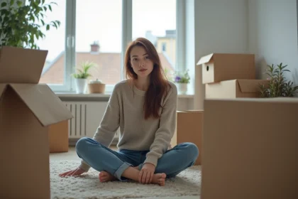 Jeune femme assise parmi cartons en déménagement