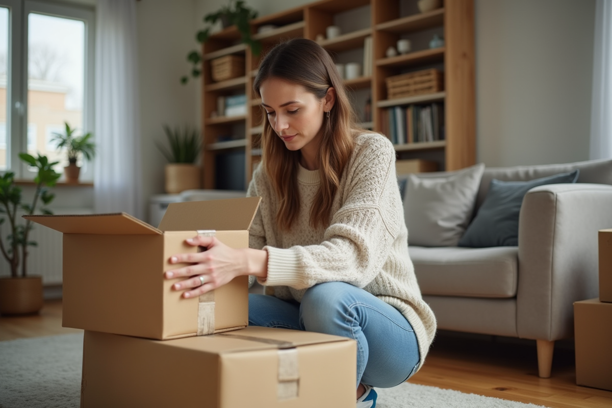 Femme emballant des cartons dans un appartement lumineux