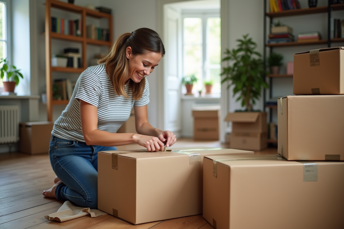 Femme emballant un gros colis dans un salon lumineux