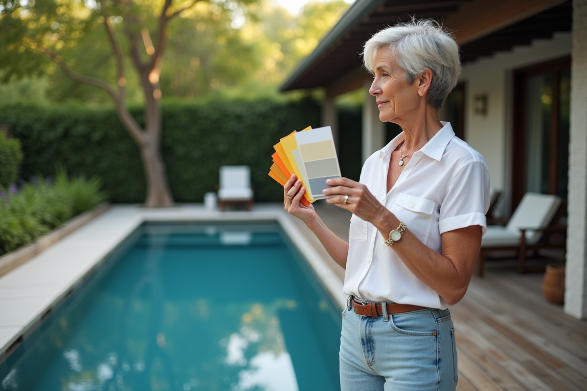 Femme examine des échantillons de couleurs pour piscine