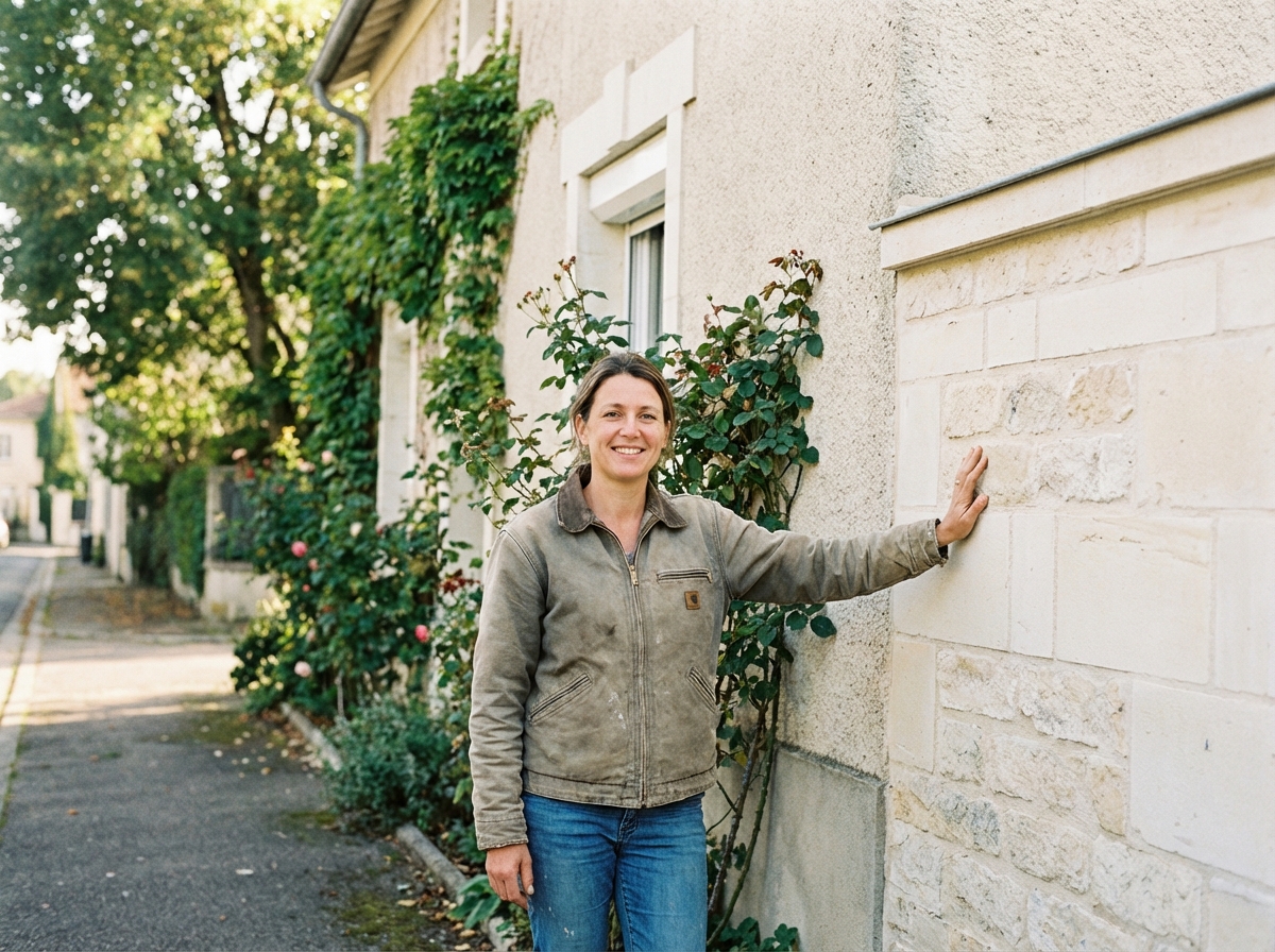 Femme souriante devant sa facade rafraichie dans un quartier résidentiel