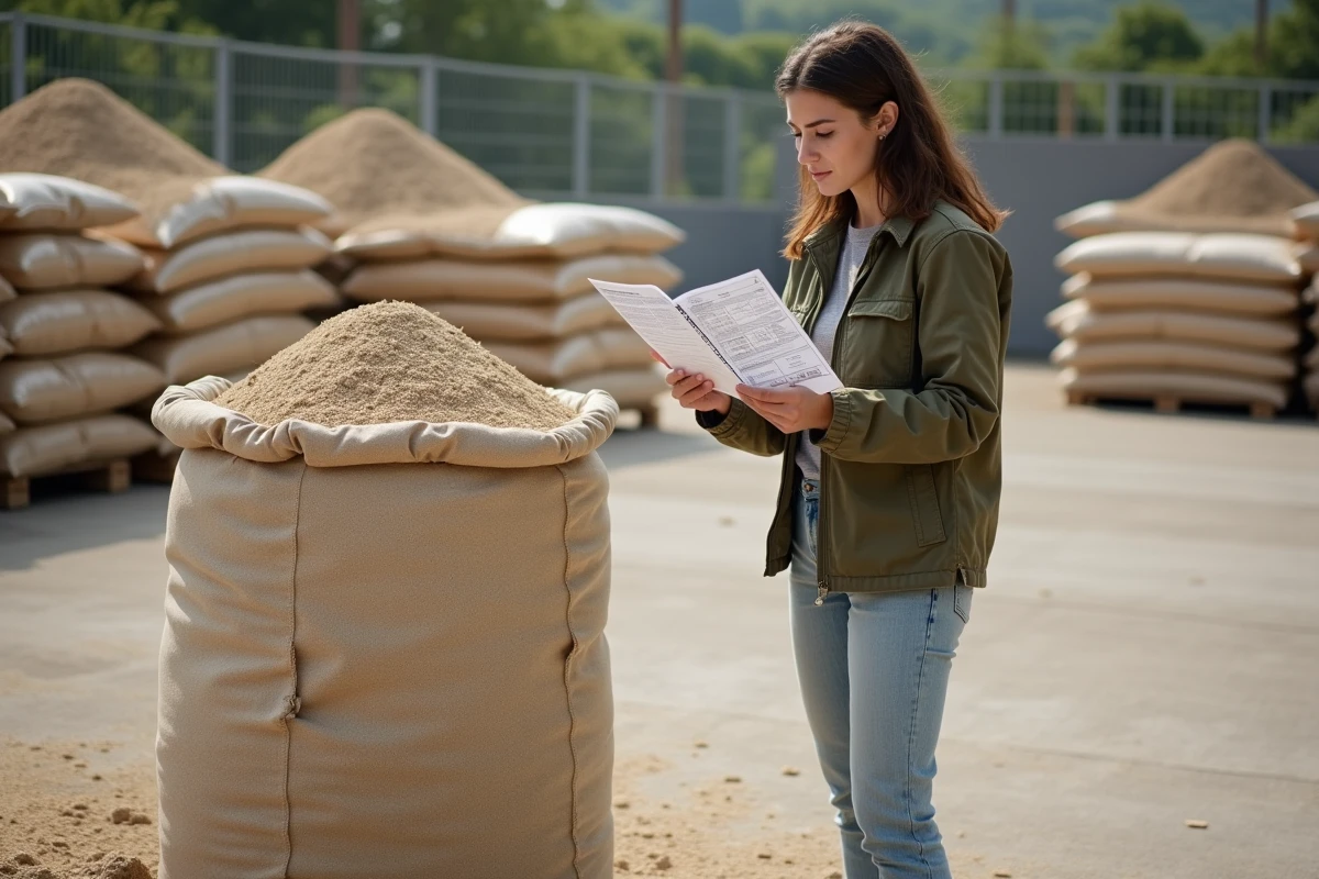 Femme consultant un guide de dimensionnement de sable en sac en vrac dans un dépôt de matériaux de construction