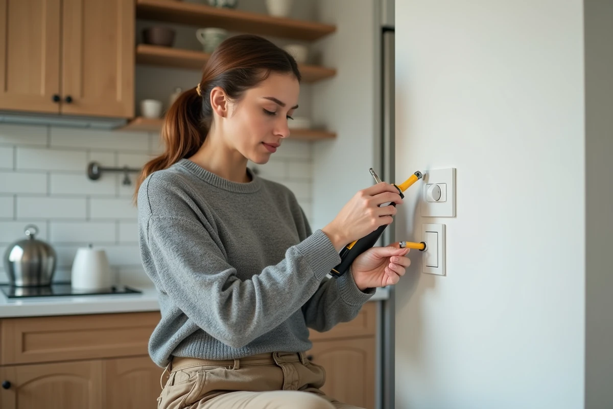 Jeune femme installant un double interrupteur dans la cuisine