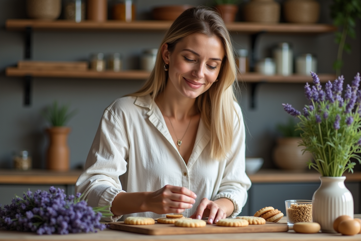 Femme arrangeant de la lavande fraîche dans une cuisine chaleureuse