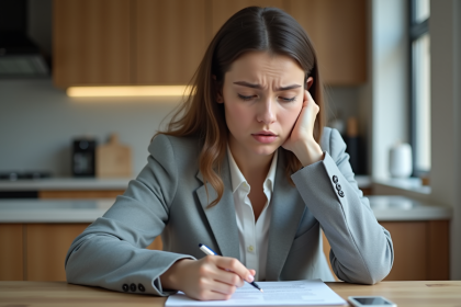 Jeune femme en pleine démarche de location dans une cuisine moderne