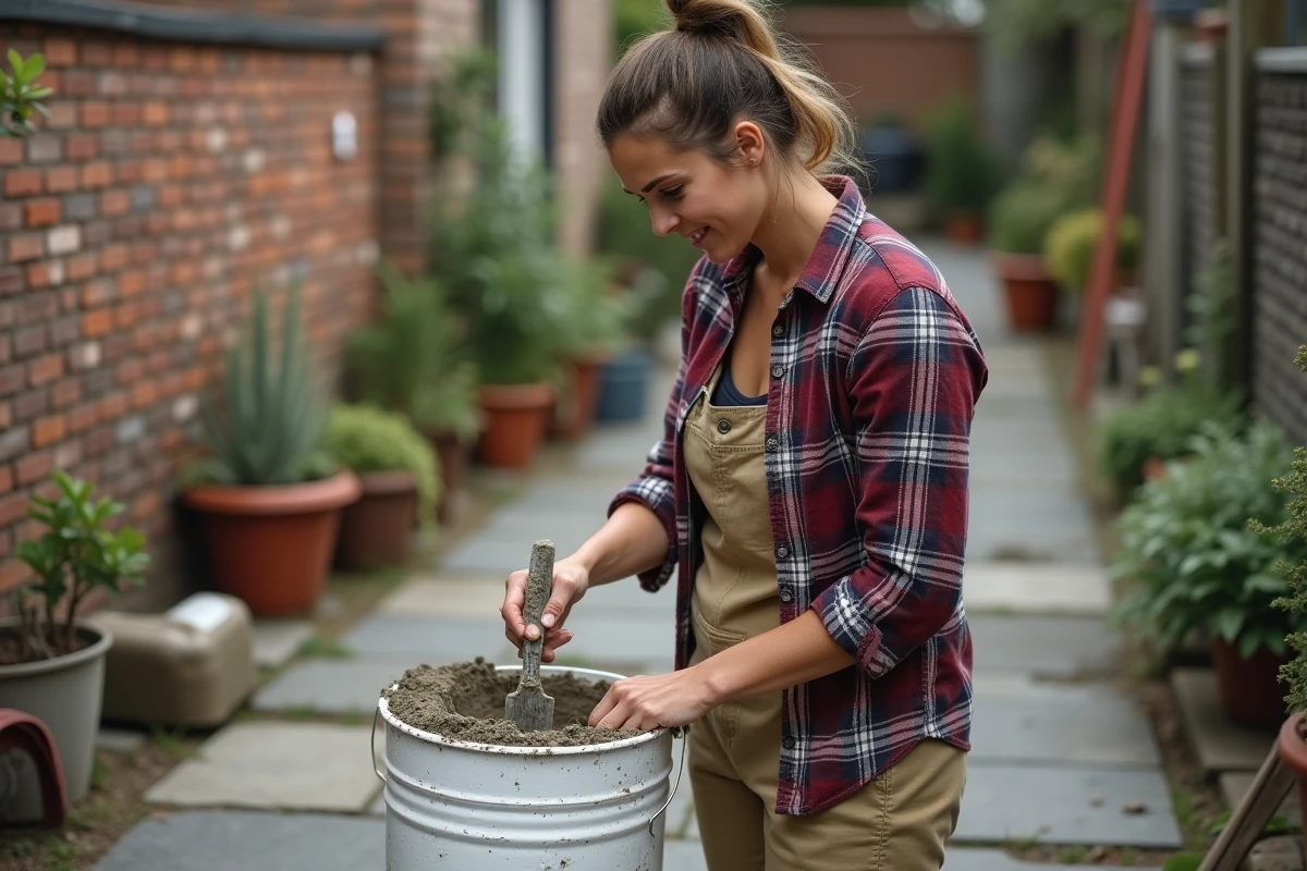 Jeune femme mélangeant du mortier dans un jardin