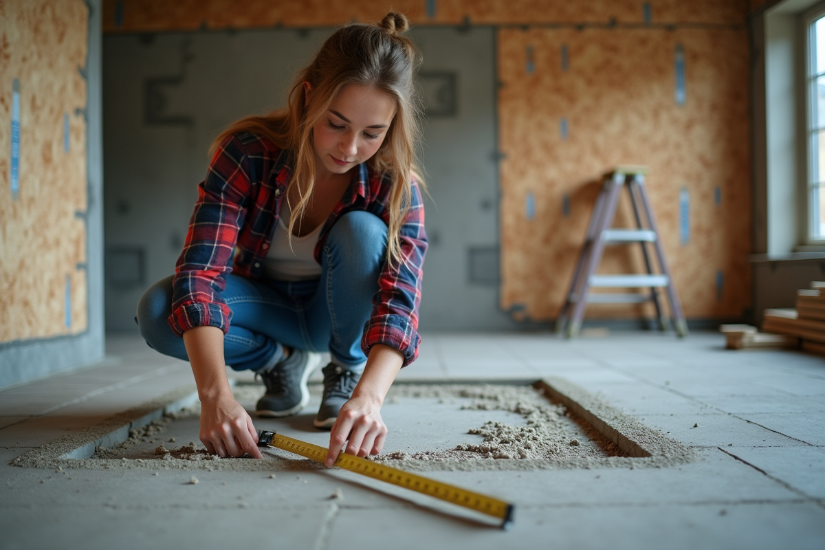 Jeune femme mesurant le béton dans une cave en construction