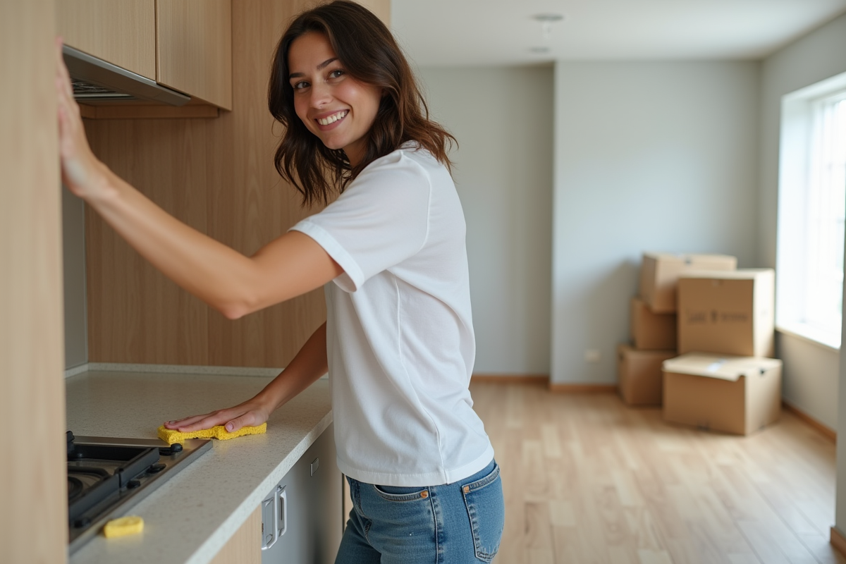 Jeune femme nettoyant des placards de cuisine