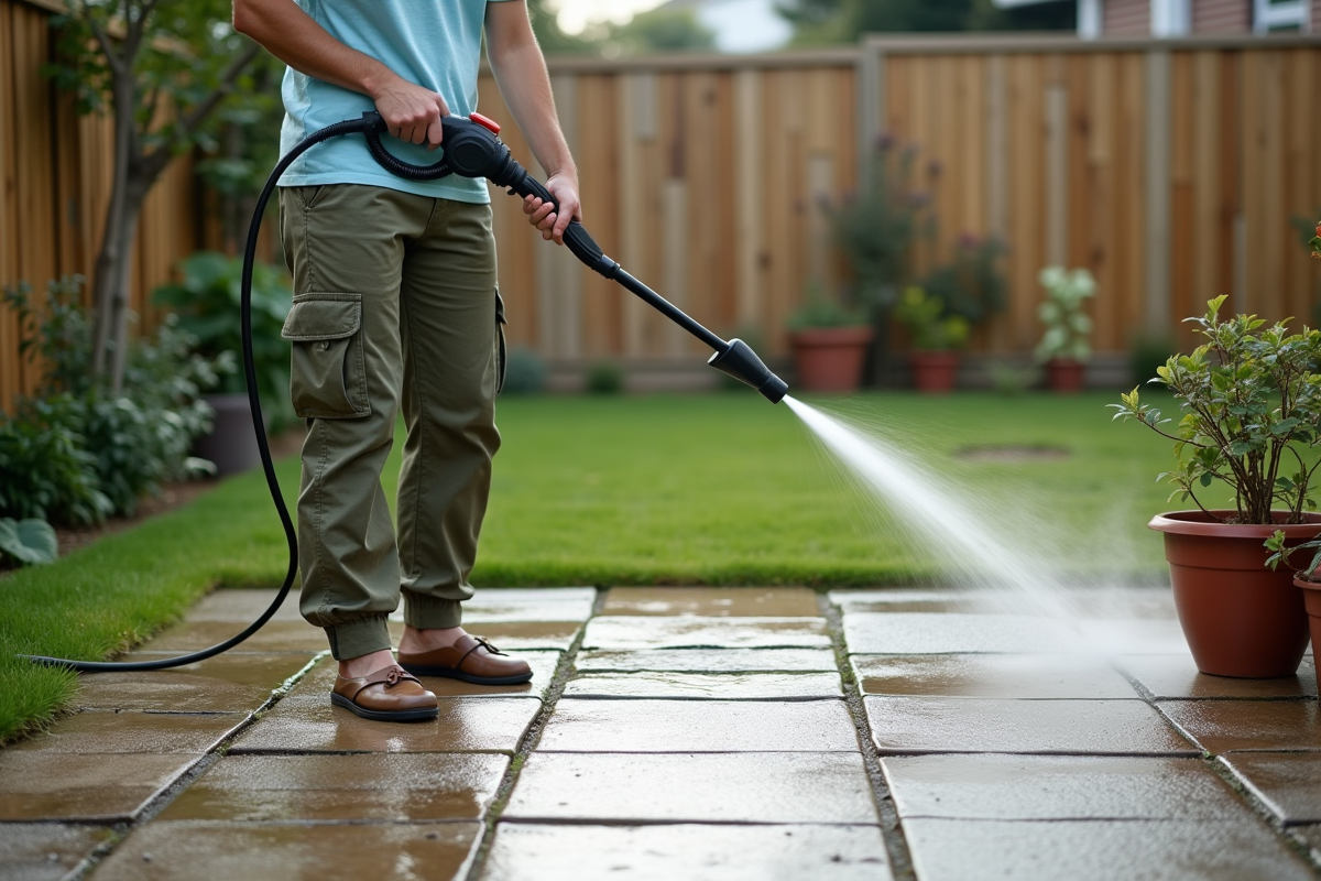 Femme utilise un nettoyeur haute pression dans le jardin