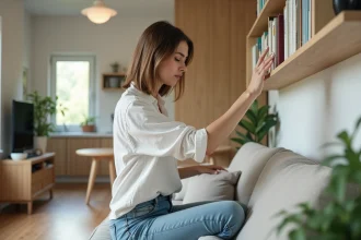 Jeune femme arrangeant des livres dans un salon cosy