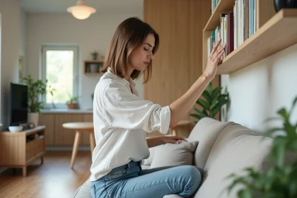Jeune femme arrangeant des livres dans un salon cosy