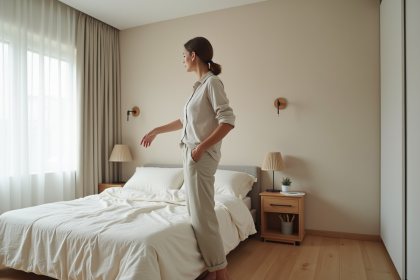 Femme dans une chambre avec papier peint texturé