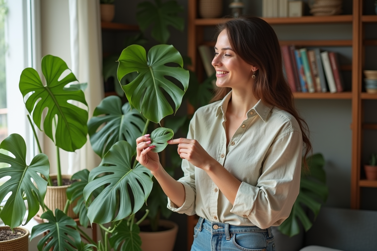 Femme inspectant une plante monstera dans un salon lumineux