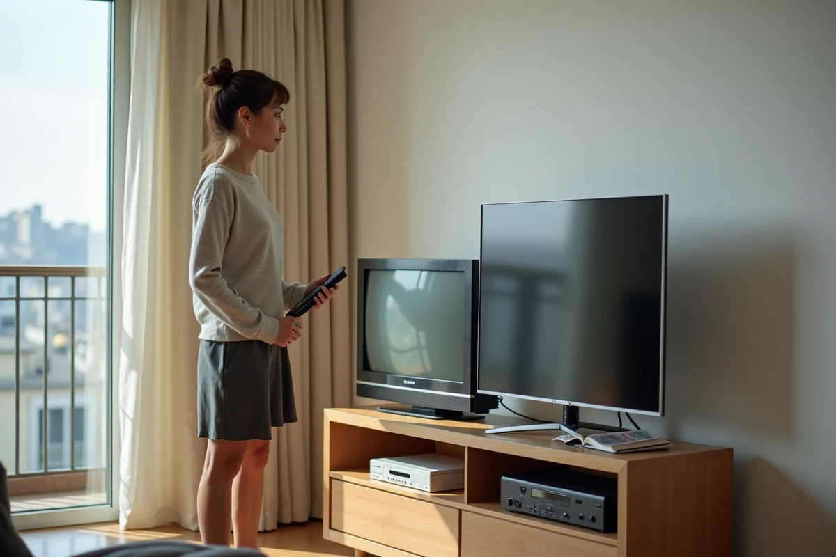 Femme observant deux téléviseurs avec un décodeur dans un salon lumineux