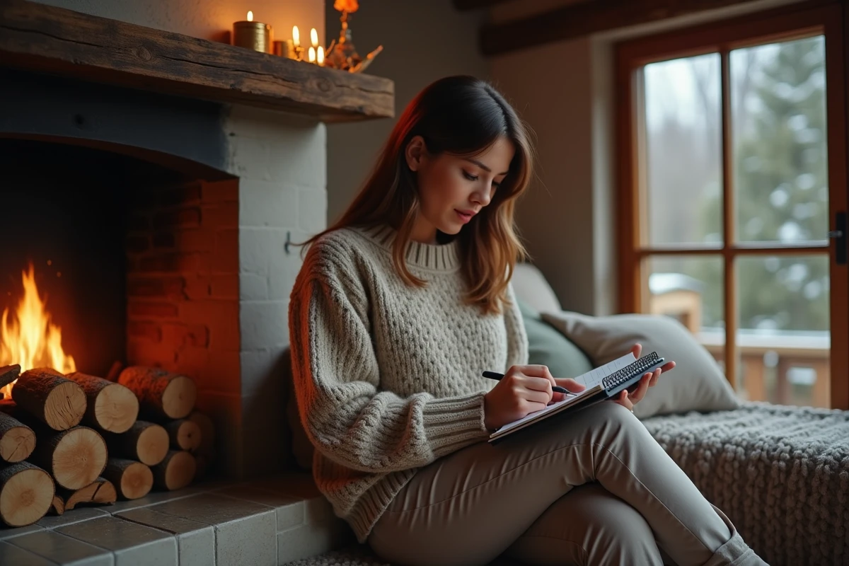Femme près de la cheminée vérifiant un carnet en intérieur
