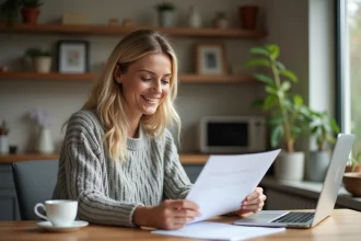 Femme détendue à la maison souriant en lisant des documents