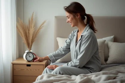 Femme en pyjama gris éteignant un réveil lumineux dans sa chambre