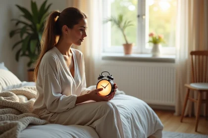 Femme assise sur le lit avec réveil matin moderne