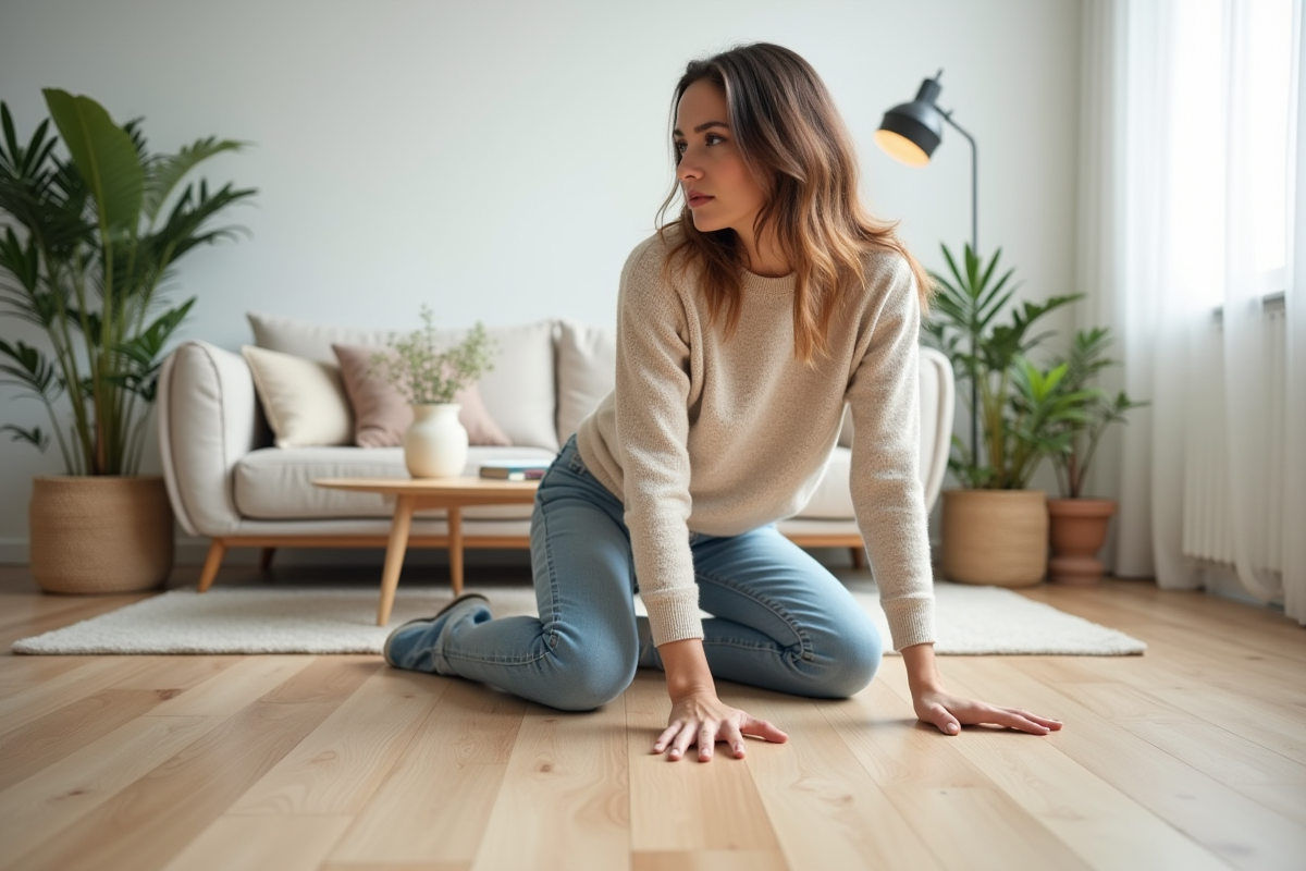 Femme en intérieur moderne avec sol en bois faux