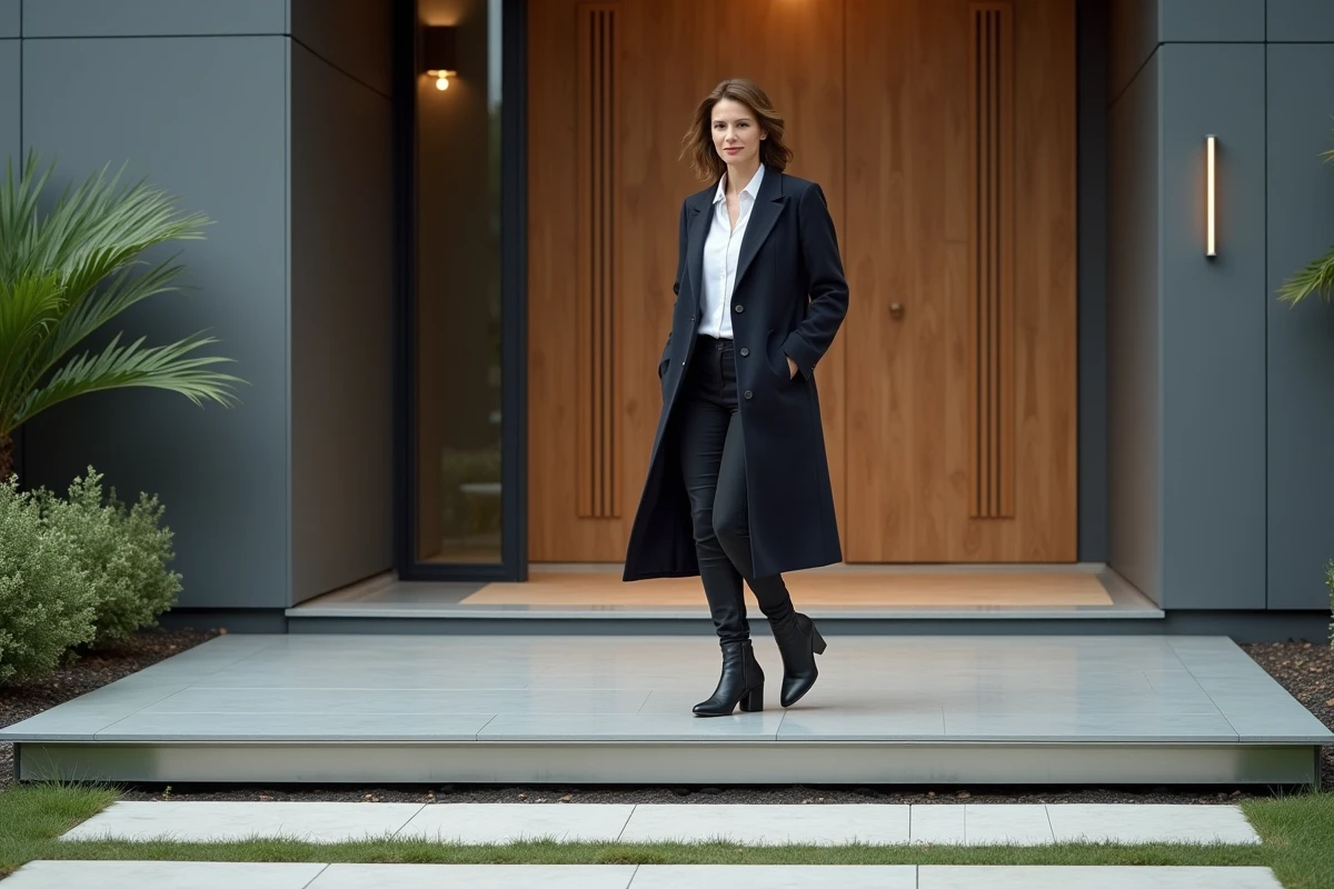 Femme franchit un seuil en aluminium à l