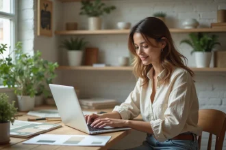 Femme consultant un test de style déco sur son ordinateur portable dans un bureau scandinave avec des échantillons de tissu et des objets décoratifs