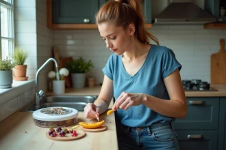 Jeune femme posant une trappe à fruit près du compost dans la cuisine