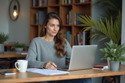 Femme travaillant sur son ordinateur dans un intérieur moderne