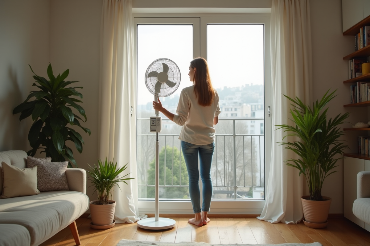 Femme ajustant un ventilateur près d'une fenêtre dans un salon moderne