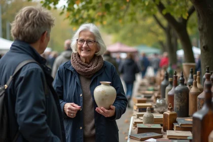 Femme en imperméable bleu tenant un vase ancien lors d'un marché