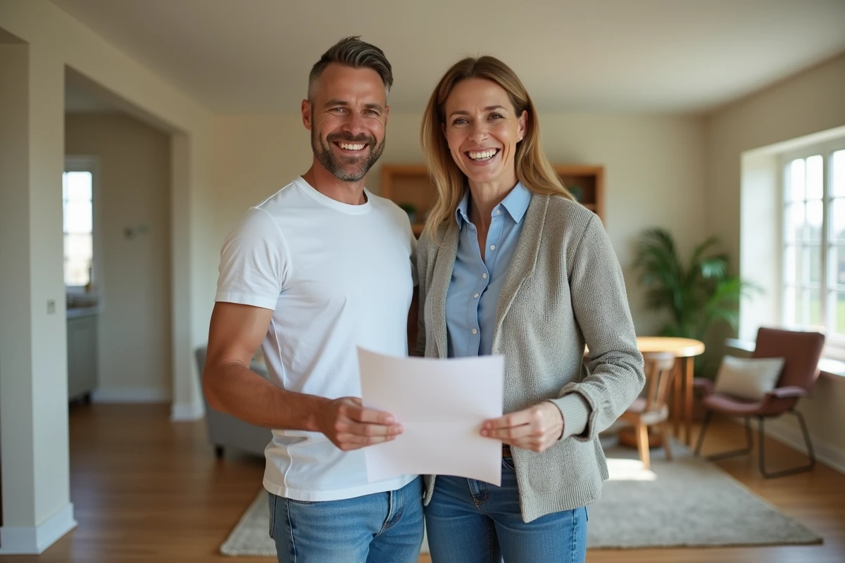 Couple satisfait inspectant le rapport de fin de chantier dans leur salon fraîchement rénové
