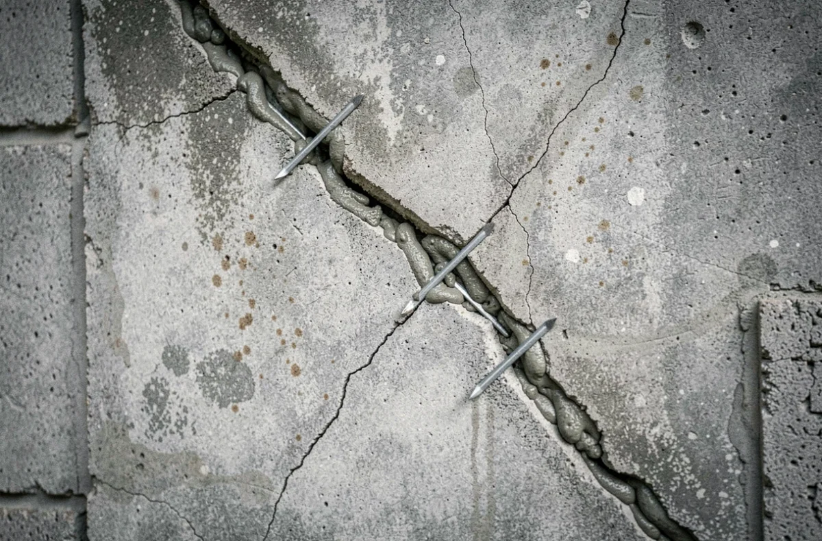Fissure en escalier sur mur en parpaings avec agrafes métalliques de réparation et mortier de scellement visibles en gros plan